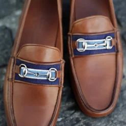 Darcy Stripe Downing Bit Loafers (Dark Navy-Light Blue) (Chestnut Leather)