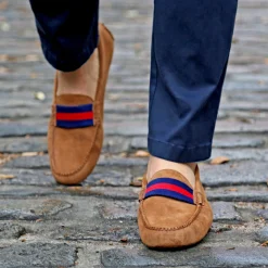 Surcingle Driving Shoes (Dark Navy-Red) (Cognac Suede)