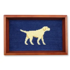 Yellow Lab Walking Valet Tray (Classic Navy) (Chestnut Wood)